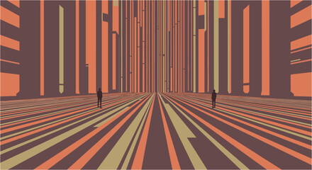 Abstract illustration of two figures standing in a vast, linear, and geometrically patterned space with a warm color palette, evoking a sense of depth and perspective.