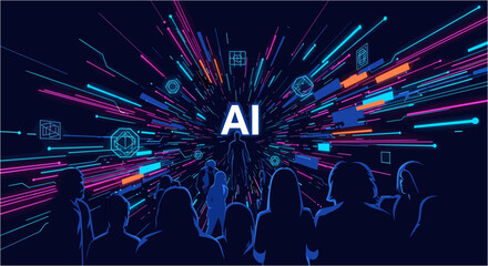A diverse group of people gazes towards a vibrant, exploding light tunnel with the prominent text 'AI' at its center, symbolizing artificial intelligence's impact and future.
