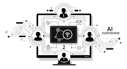 Conceptual black and white illustration of AI-driven connectivity, showcasing a network of users interacting through advanced technology and digital interfaces.