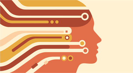 Abstract illustration depicting a human head in profile with flowing, circuit-like lines representing data, technology, and artificial intelligence.
