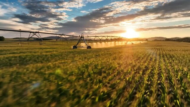 Scenic aerial view of a pivot irrigation system watering a field of crops during a beautiful sunset