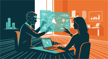 Two professionals collaborate on a futuristic digital interface, analyzing data and strategizing business solutions in a modern office environment.