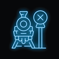 Obraz premium Neon sign depicting a train approaching a stop sign, symbolizing travel, transportation, and caution