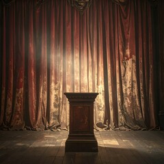 Stage with velvet curtains, a podium, and spotlight