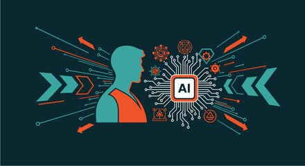 Conceptual illustration depicting the intricate connection between human intelligence and artificial intelligence, showcasing a futuristic technological fusion.