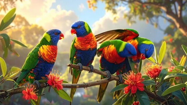 Colorful Rainbow Lorikeets Perched on a Branch in a Lush Forest.