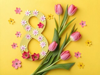 Figure 8 made of paper and beautiful tulip flowers .Women's Day celebration 