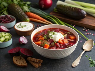 Bowl of traditional Ukrainian borscht with sour cream 