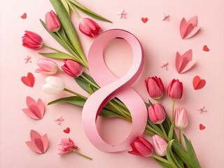 Figure 8 made of paper and beautiful tulip flowers on pink background. .Women's Day celebration 