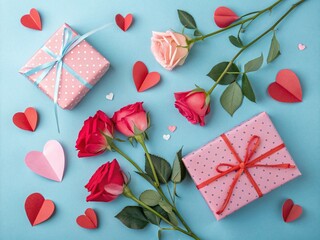 Composition with rose flowers, paper hearts and gift boxes 