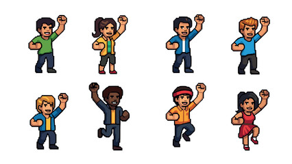 Dynamic pixel art characters: energetic retro style icons ready for action