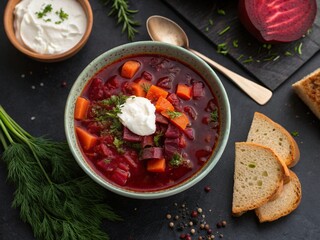 Bowl of traditional Ukrainian borscht with sour cream 