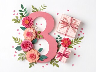 Figure 8 made of paper and beautiful tulip flowers on white background. .Women's Day celebration 