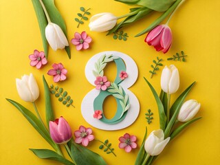 Figure 8 made of paper and beautiful tulip flowers .Women's Day celebration 