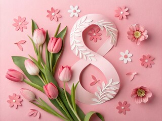 Figure 8 made of paper and beautiful tulip flowers on pink background. .Women's Day celebration 