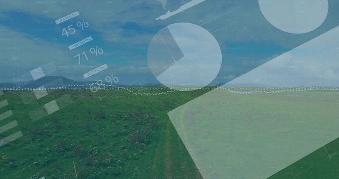 Flat design meadow merging into winding dirt path, displaying pie charts, graphs, map silhouettes