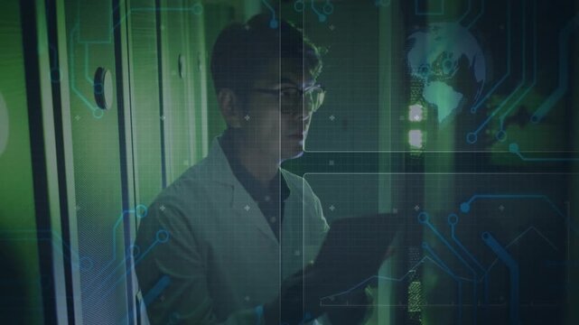 Senior engineer holding tablet amid server racks, with holographic globe and circuit patterns