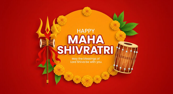 Greeting card with trishula, damru, bilva leaves, zendu and parijat flowers for Maha Shivratri, a Hindu festival celebrated of Shiva Lord. Vector ...