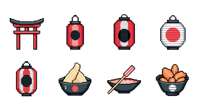 Pixel art japanese icons: lanterns and cuisine elements in retro style