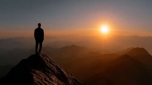 Silhouette of a Person Watching the Sunset Over Majestic Mountain Range
