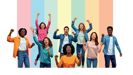 Fototapeta premium Diverse group celebrating in colorful geometric style