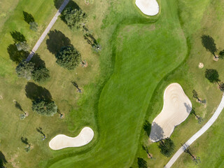 Aerial view, Spain, Balearic Islands, Mallorca, Capdepera, Cuevas de Arta and Platja de Canyamel with golf course, sand bunker, green, golfer