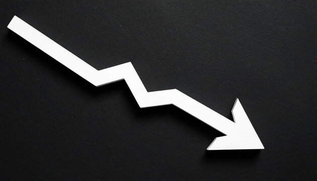 Minimalist white wooden downward arrow on black backdrop. Business decline, economic warning