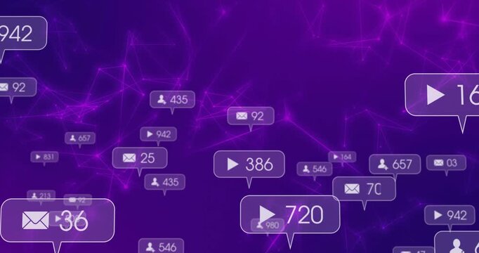 Violet network starting play, envelope and user badges emerging, clustering fading visualizing data