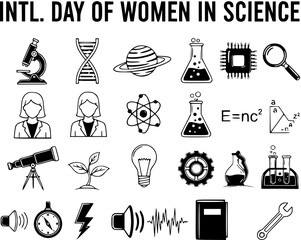 International Women in Science Day vector icon set. Monochrome glyph style collection of STEM education, research, and laboratory symbols and elements.