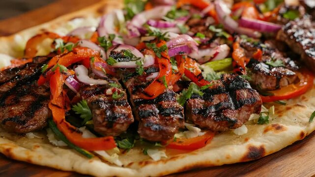 A delicious kebab with marinated beef, cooked to perfection and served on a soft pita bread with fresh vegetables and herbs.