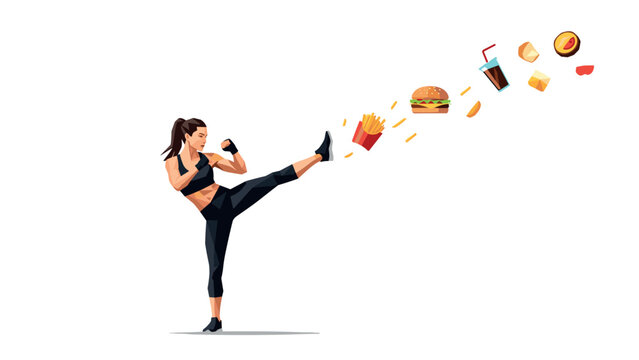 Fitness woman kicking junk food in dynamic action pose with whimsical style