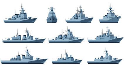 Navy warships collection in flat design with various modern battleship types