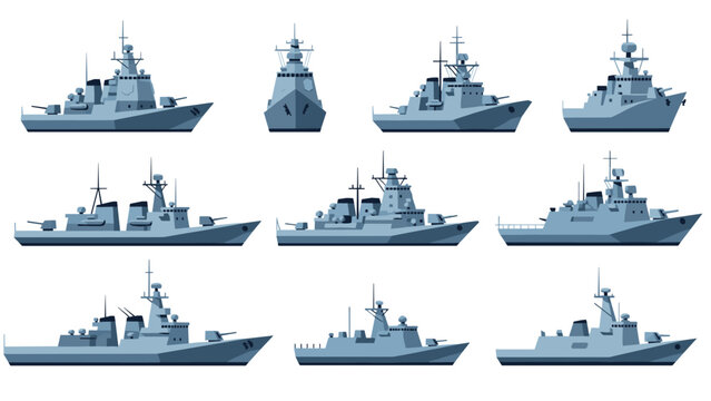 Navy warships collection in flat design with various modern battleship types