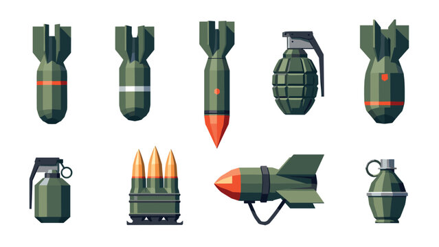Collection of military weapons icons: bombs, grenades, and missiles in flat style