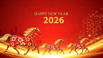 Naklejka premium Happy new year 2026 red background three running horses fireworks cityscape