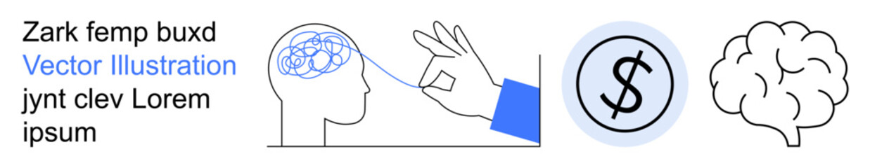 Obraz premium Mental health, neuroscience, cognitive analysis, financial decision-making, knowledge transfer, conceptual thinking. A brain sketch, profile view and financial symbol. Mental health and neuroscience