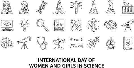 International Day of Women and Girls in Science Hand Drawn Line Art Icons Set. Science, Technology, Engineering, Math, and Medical Doodle Vector. © victoria