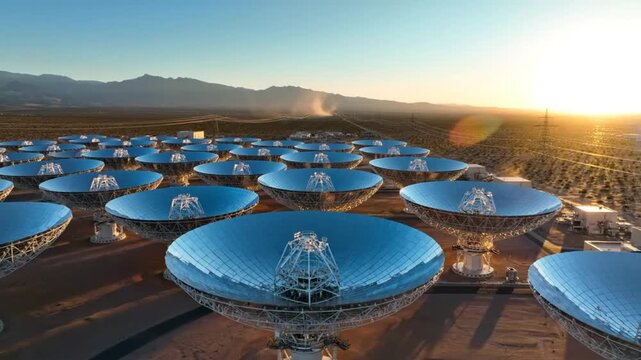 Large array of radio telescopes in a desert at sunrise, capturing astronomical signals, modern technology