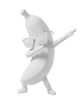 Minimalist white 3D banana character dabbing and wearing sunglasses on white background
