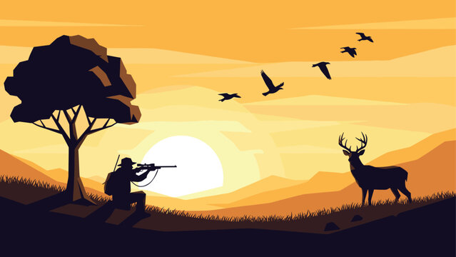 Hunter silhouette at sunset with deer and birds in peaceful nature landscape