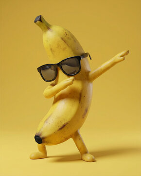 Funny 3D banana character dabbing and wearing black sunglasses on yellow background