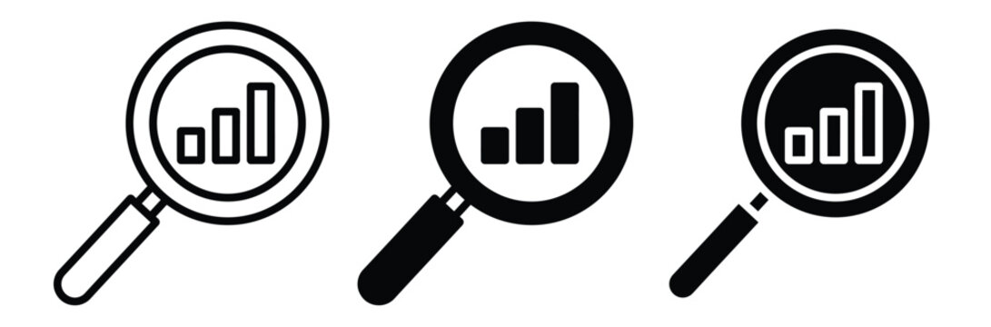 Magnifying glasses with bar charts for data analysis and research,analytic business with glasses magnifier chart bar icon vector design black white color simple illustration sets