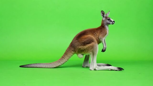 A kangaroo stands on a green screen, showcasing its unique features in this video.