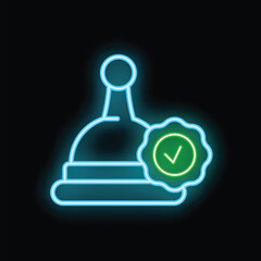Obraz premium Glowing neon icon of a wine bottle with a seal of approval, signifying quality and excellence