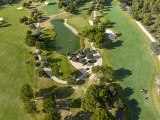 Aerial view, Spain, Balearic Islands, Mallorca, Capdepera, Cuevas de Arta and Platja de Canyamel with golf course, sand bunker, green, golfer
