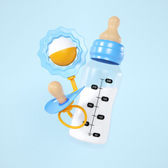 Obraz premium Baby bottle and pacifier with beanbag toy