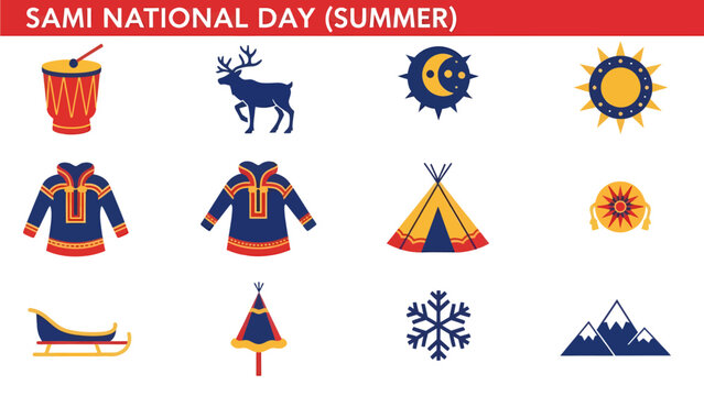 Sami cultural icons for National Day including clothing symbols and nature elements