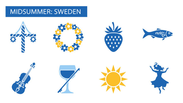 Swedish Midsummer icons featuring a maypole flower wreath strawberry fish violin drink sun and dancing figure