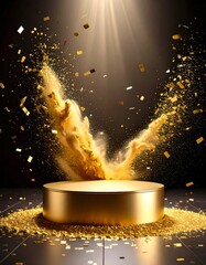 Golden podium with burst of golden particles and confetti on a dark background