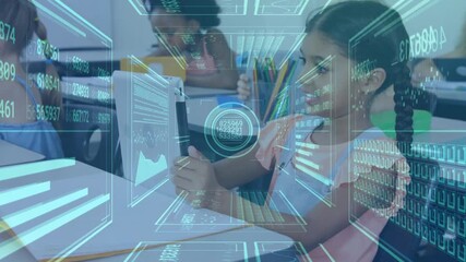 Student lifting tablet tapping screen in classroom learning forming green AR charts on device - Powered by Adobe